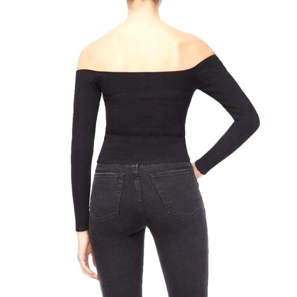 Good American The Off Shoulder Ribbed Knit Sweater Pullover in Black 0 NWOT - Picture 2 of 10
